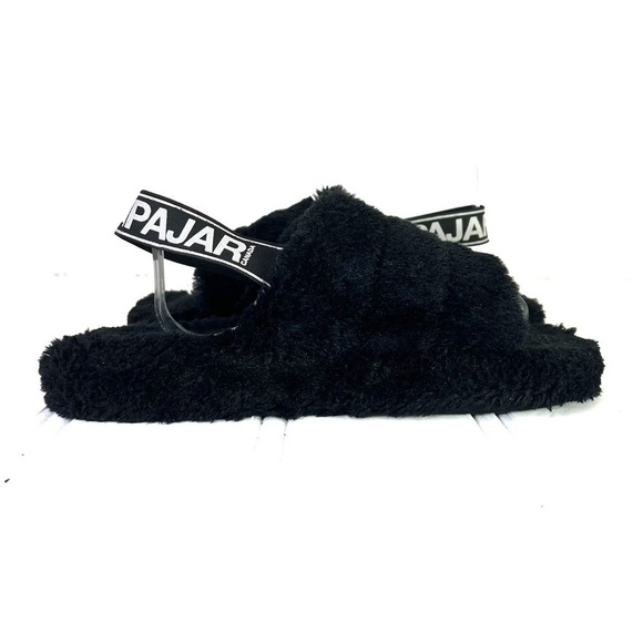 PAJAR BLACK FLUFFY SLIPPER TEDDY BEAR SLIPPER SLINGBACK WITH PAJAR SIGNATURE 8 - Picture 7 of 12